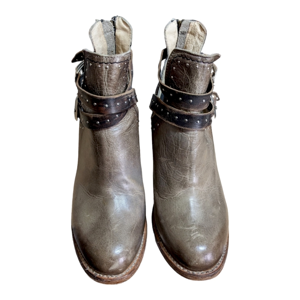 Freebird Lion Rainbow Booties 9 Taupe Brown Leather Strappy Studded Stack Heel - Picture 4 of 15